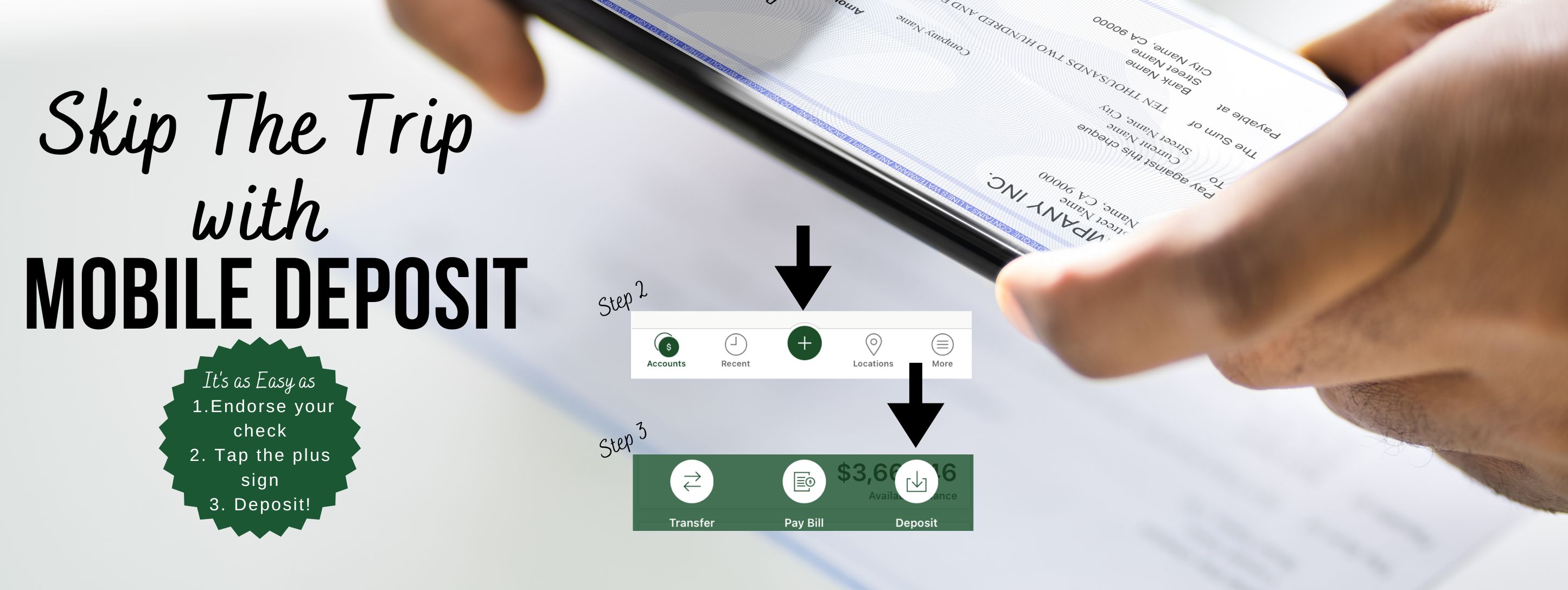 Skip the trip with mobile deposit It's as easy as 1. endorse your check 2. Tap the plus sign 3. deposit!